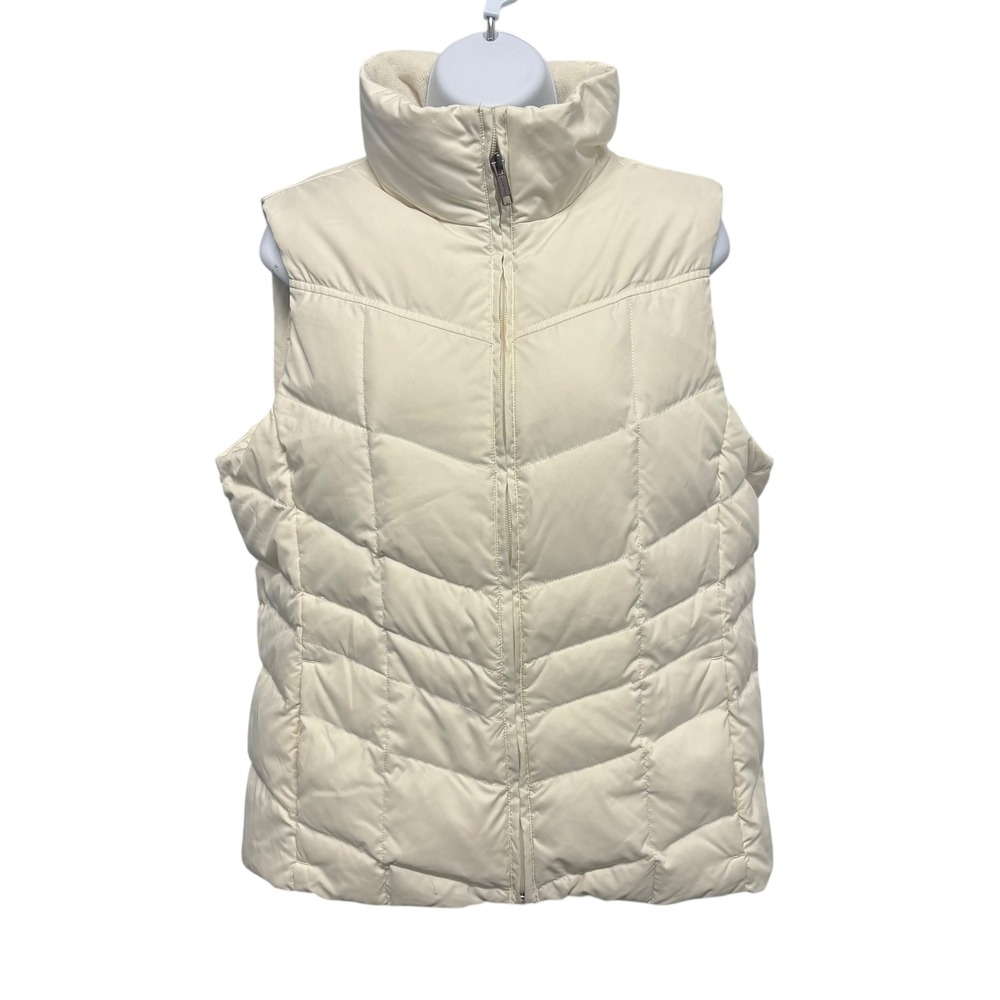 Lands End Womens Puffer Vest Cream M 10-12 Stand Collar Down Insulated Zip‎ Up